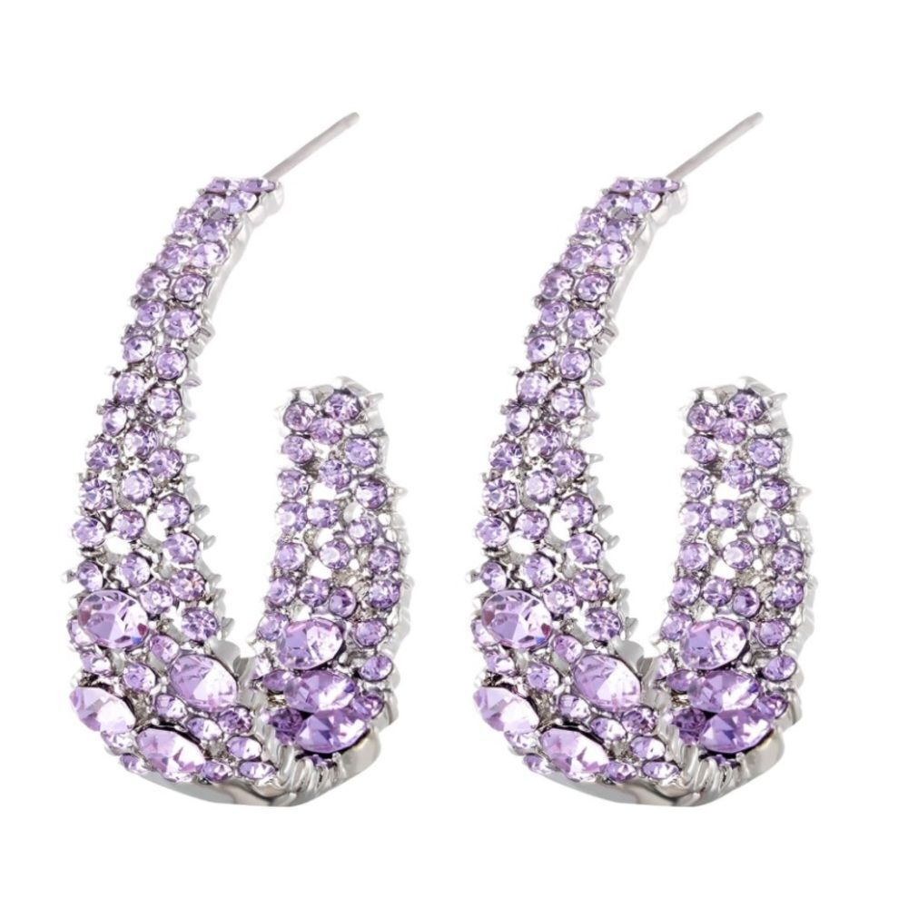 18k White Gold and 925 Sterling Silver and Purple Amethyst Crystal Hoop Earrings
